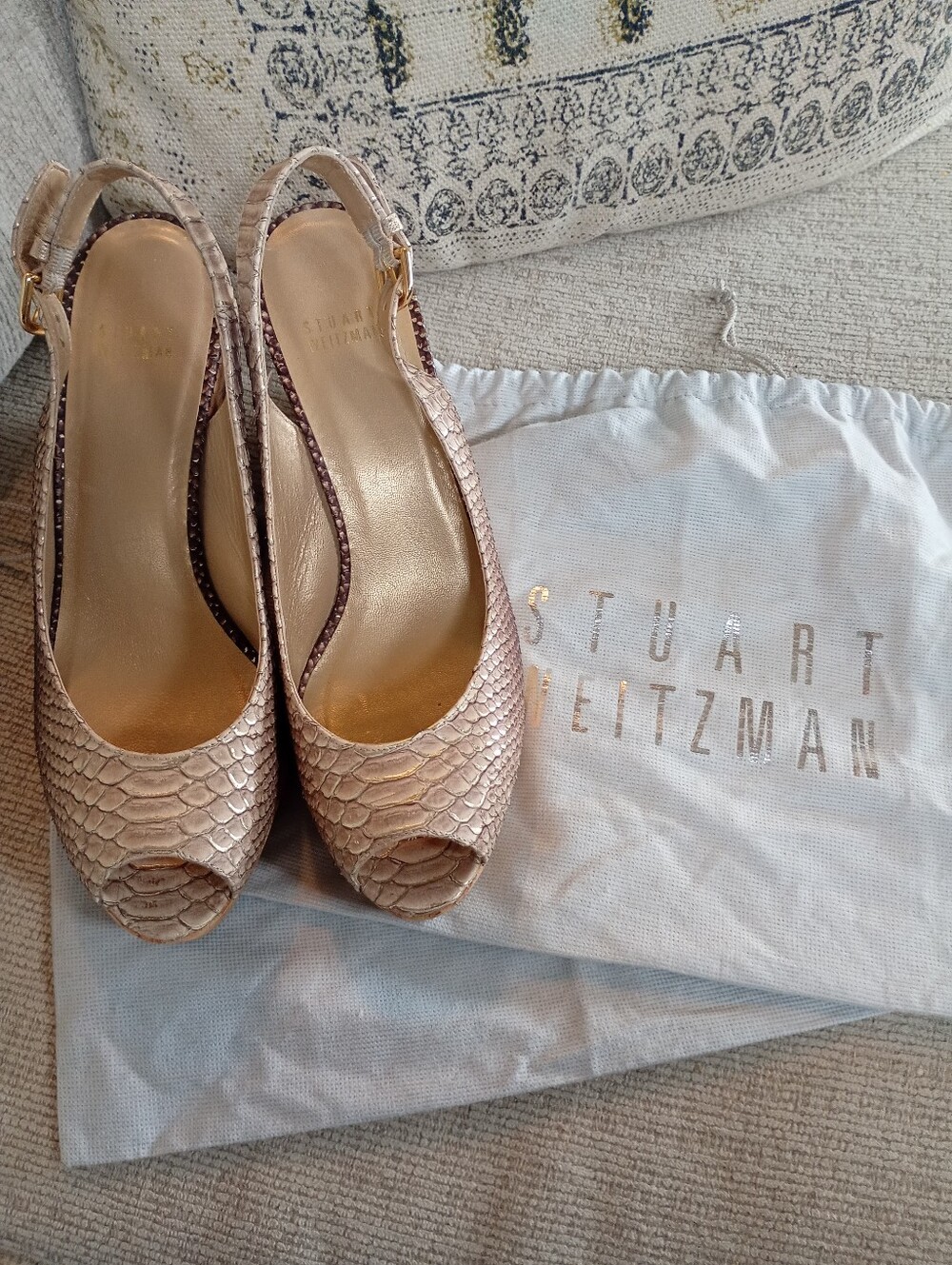 Stuart Weitzman ~Metallic Ombre Brown Snake Skin Peep-Toe Slingback Wedges - 8.5